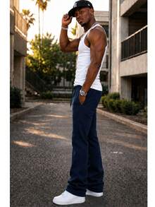 Mens Casual Tech Fleece Solid Stacked Sweat Pants Casual Pants Flare Cotton Blend - 藏蓝色 - 查看 4