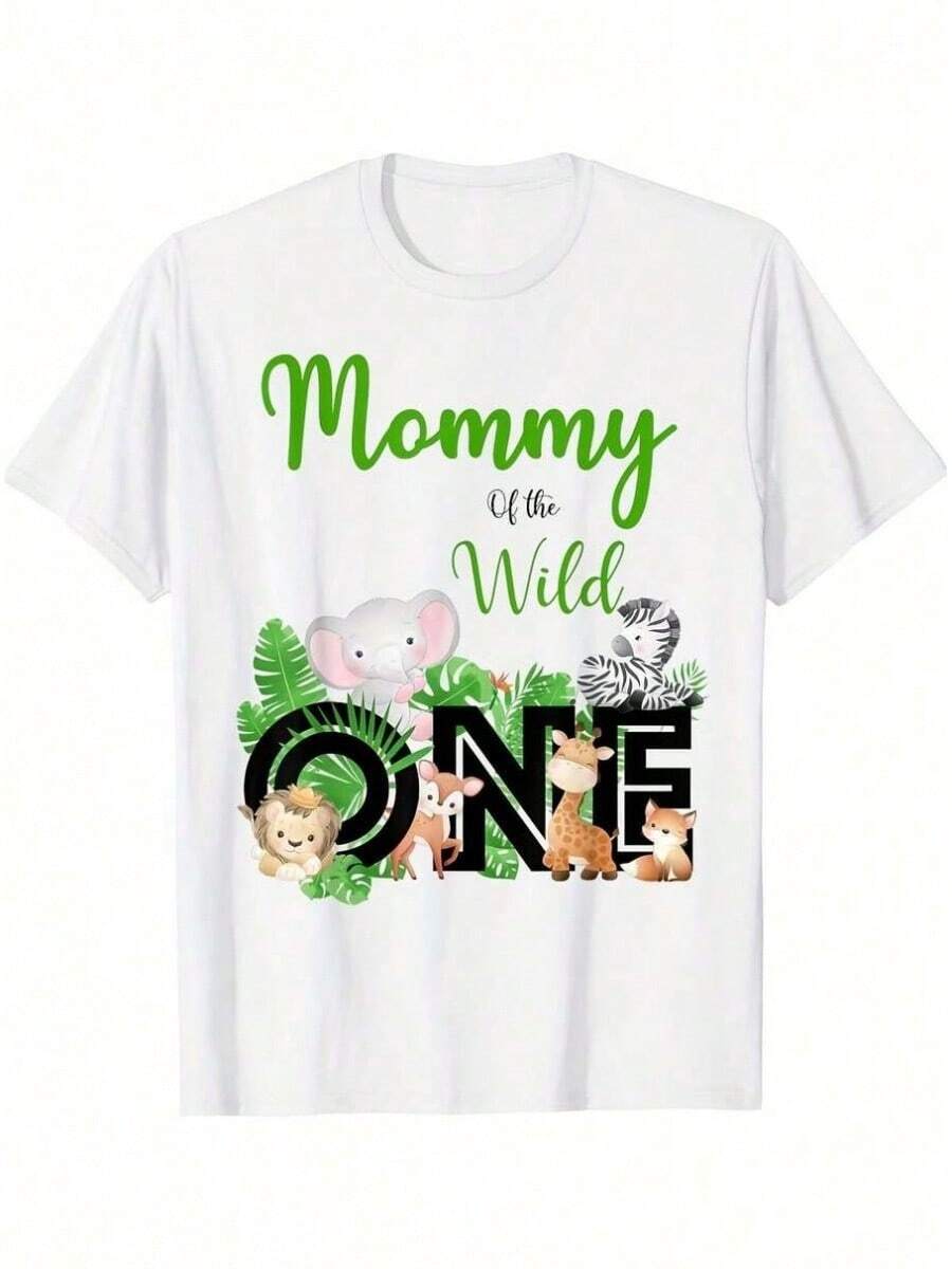 1 pieza Camiseta de Algodón para Niño, Diseño "Mommy Ohe Wild One" para Primer Cumpleaños, Estampado de Animales, Para Todas las Temporadas, Cuello Redondo, Manga Corta, 180g, 100% Algodón, Todos los diseños están impresos. Unisexo. - Negro 91 - Ver 1