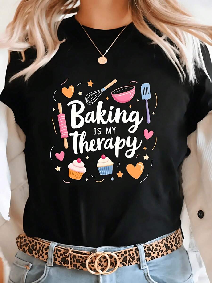 Playera de mujer de algodón puro con estampado divertido de repostería, diseño moderno y cómodo para uso diario, estilo casual creativo ideal para amantes de la cocina y la moda - Negro - Ver 1