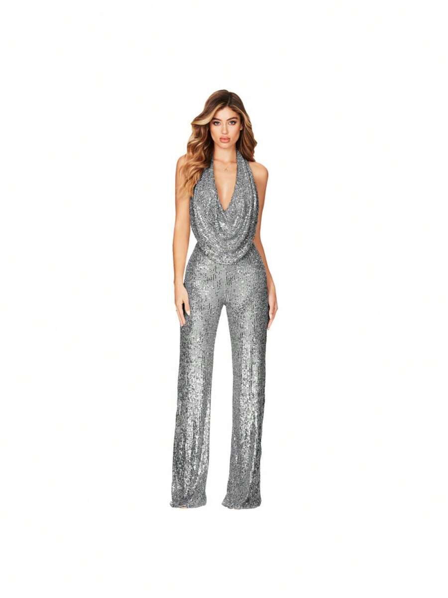 Monochromatic Gold Sequined Dress, Deep V-Neck Halter Neckline, Sleeveless Wide-Leg Design, Stretchy Shimmering Fabric Ideal For Evening Parties, Festive Events And Winter, Glamorous Sexy Style Perfect For Elegant Dinners And Celebrations - 灰色 - 查看 1