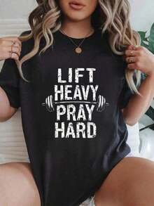 1 Piece, 100% Cotton, Women's Short Sleeve Graphic T-Shirt With Jesus Lifting Weights Print, For Gym, Weightlifting, Deadlift, Casual Style, Summer T-Shirt For Women, 180g, 100% Cotton. - 黑色 - 查看 7