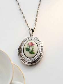 1 pièce Collier pendentif avec motif floral ovale de style gothique rétro pour femmes, accessoire de tous les jours, cadeau de bijoux pour la remise des diplômes, la fête des enseignants, les amis - collier - Voir 6