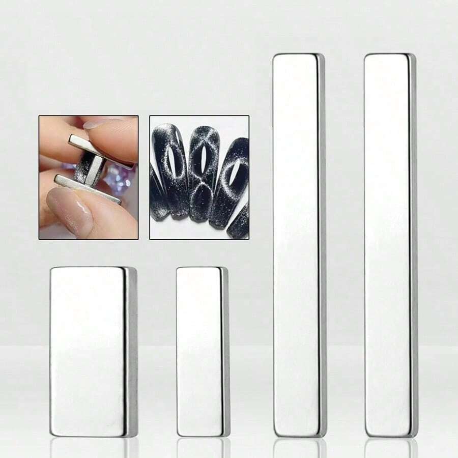 4 piezas de tiras magnéticas multiusos y resistentes para arte de uñas, tiras magnéticas de diferentes tamaños con efecto de ojo de gato de doble extremo para gel UV - Plateado - Ver 1