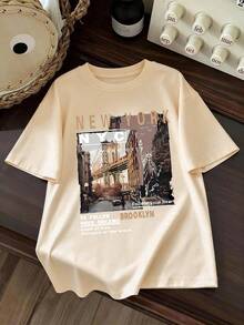 2pcs/Set Tween Boy Crew Neck Short Sleeve T-Shirt With Simple Floral Print And Casual Simple Khaki Shorts, Summer New Arrival - Apricot - View 4