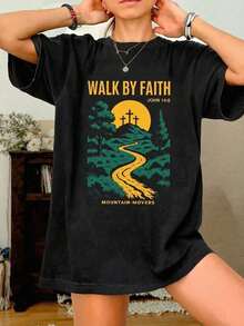 MujeresCaminarPorFeJohn14:6CristianoGráficoCamisetaRetroMontañaCruzImprimirInformalSueltoCortoMangaTee,VintageReligiosoBasado en la feRopa urbanaSuperior,De gran tamañoY2KEstéticaCuello redo - Negro - Ver 1