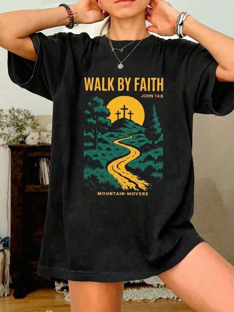 MujeresCaminarPorFeJohn14:6CristianoGráficoCamisetaRetroMontañaCruzImprimirInformalSueltoCortoMangaTee,VintageReligiosoBasado en la feRopa urbanaSuperior,De gran tamañoY2KEstéticaCuello redo - Negro - Ver 1