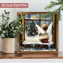 1 Piece Of Rustic Farmhouse Wooden Frame Christmas Angel Wall Decoration - 8x8inch Horizontal Snow Scene Window Painting, Featuring Red Boots, Winged Angel, And Pine Tree Scenery, Suitable For Mantel Or Door - Winter Landscape Holiday Decoration (Wooden) - 8*8inch(20*20cm) - 查看 2