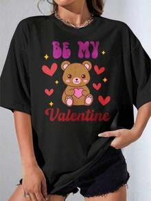 Camiseta negra y blanca para mujer, con estampado de oso lindo y "Be My Valentine" en blanco, con corazones y estrellas, para el Día de San Valentín, uso casual, para fiestas al aire libre, camiseta estampada casual - Estilo vintage urbano, unisex, de algodón, manga corta, cuello redondo, blusas para mujer. blusas.blusas casuales para dama.Impresión de osos cariñosos.Camiseta estampada Impresión de osos cariñosos. - Negro - Ver 1