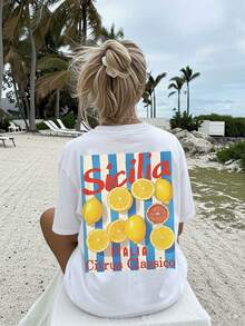 Women's Spring/Summer Clothing, Double-Sided Print, Vintage Style Lemon Stripes, Loose Short Sleeve Drop Shoulder T-Shirt, Comfortable And Casual, Women's Winter Clothing. - 白色 - 查看 4