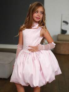 Young Girl Pink Tulle Petal Sleeve Floral Elegant Princess Dress, Suitable For Girls Birthday Party, Banquet, Evening Gala, Wedding Flower Girl, Holiday Celebration, Stage Performance Pageant - Pink - View 1