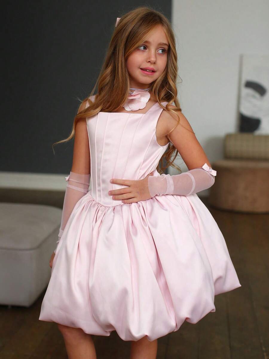 Young Girl Pink Tulle Petal Sleeve Floral Elegant Princess Dress, Suitable For Girls Birthday Party, Banquet, Evening Gala, Wedding Flower Girl, Holiday Celebration, Stage Performance Pageant - Pink - View 1