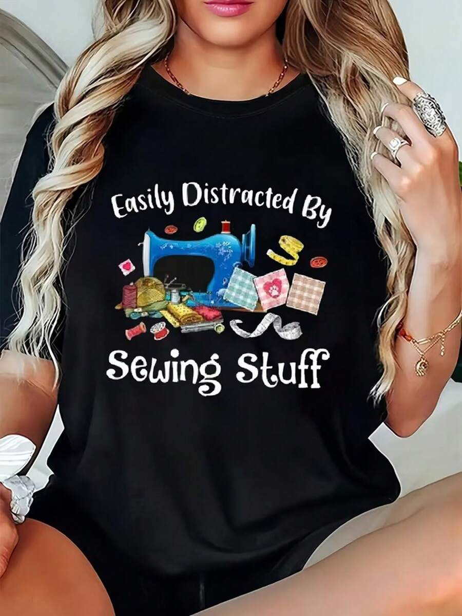 1 pieza de elegante camisa para mujer, cuello redondo, manga corta, estilo casual, diseño de inspiración natural, cómoda, sencilla, elegante, a la moda para ir al trabajo, vacaciones y uso diario, camisa versátil de estilo vintage, entrega local, 180g 100% algodón. - Negro - Ver 1