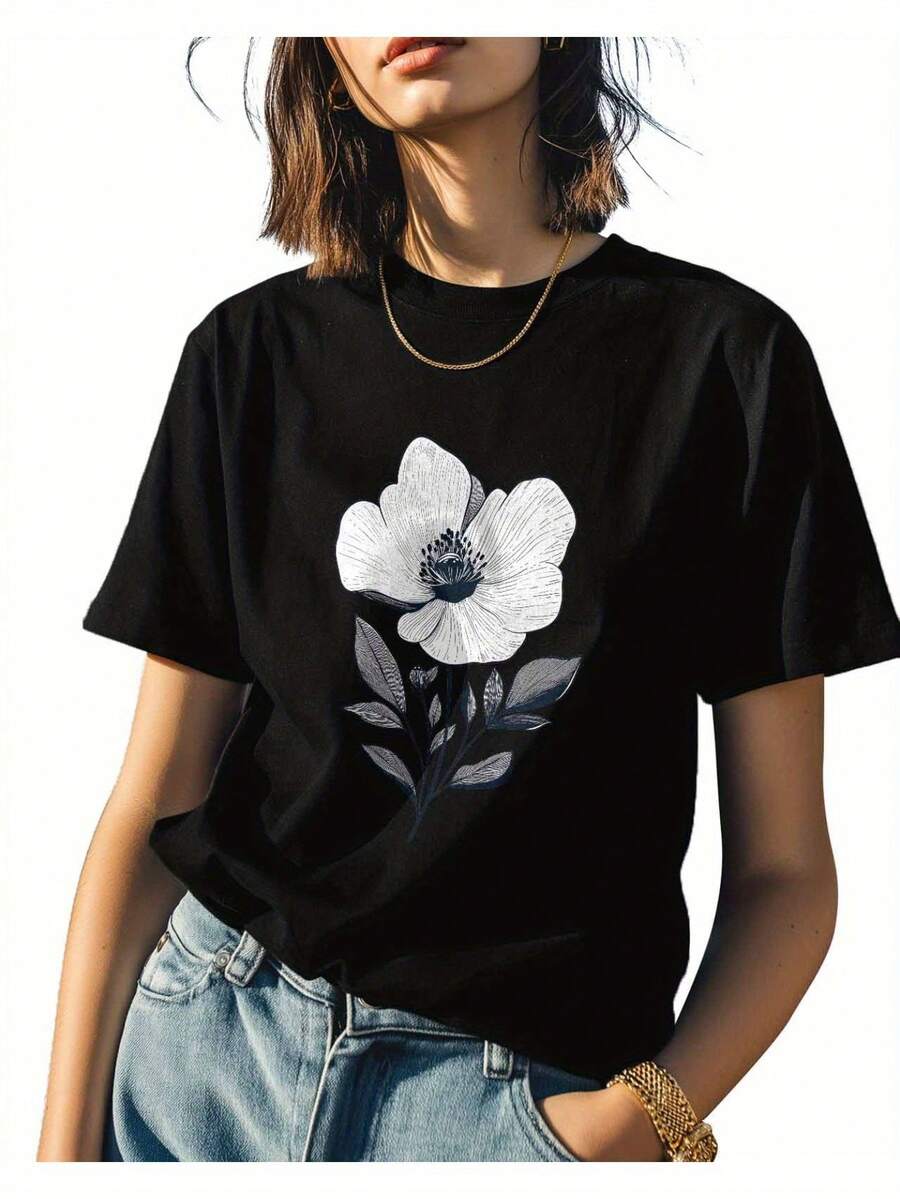 Camiseta de Mujer Yihua, Camiseta Estampada, Camiseta de Cuello Redondo| Manga corta informal, suave y agradable al tacto, cómoda, unisex, regalo perfecto, adecuada para todas las estaciones. - Negro - Ver 1