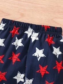 Bộ 2 món cho bé gái nhân dịp Ngày Độc lập: Áo hai dây in hình ngôi sao + Quần dài cạp chun thoáng khí, thích hợp cho mùa hè. - Nhiều màu - Xem 10