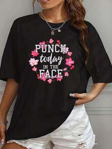 Camiseta con Estampado Floral "Punch Today In The Face" para Mujer, Top Negro Oversized, Ropa Casual de Verano, Camiseta con Frase Motivacional para Atuendos Diarios, Camiseta de Mujer - Negro - Ver 1