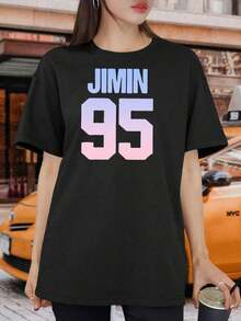 Playera de mujer con estampado de Jimin, camiseta de manga corta, mercancía para fans de  para mujeres, camiseta negra casual para conciertos y uso diario - Bonita idea de regalo para ARMYs, casual diario. - Negro - Ver 8