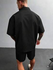 GloMan 男士黑色工裝短袖襯衫短褲休閒套裝，金屬飾邊，透氣，街頭風，日常穿著，夏季度假，送給男友/丈夫的禮物 - 黑色 - 查看 6