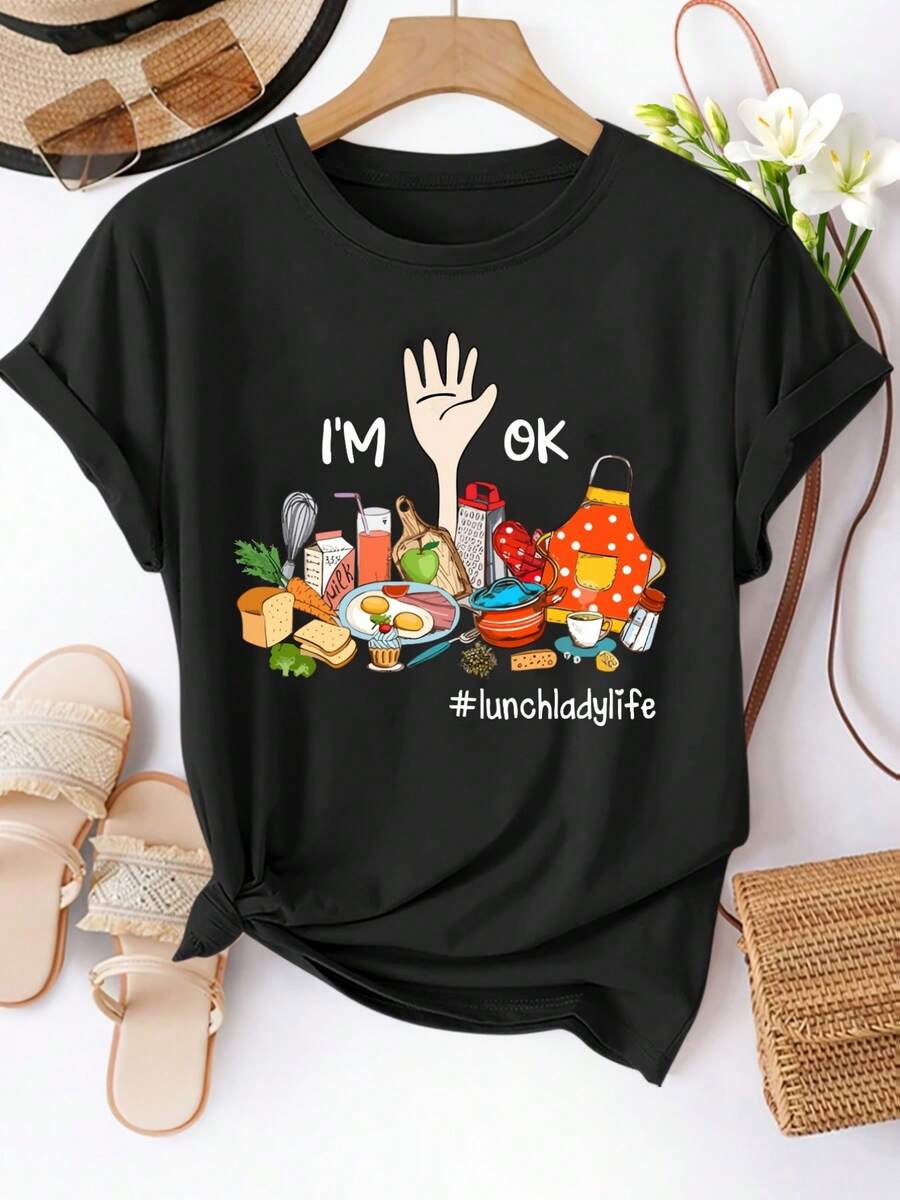 Una camiseta de mujer de manga corta, holgada, moderna, a la moda, retro y elegante, adecuada para actividades al aire libre en primavera y verano, camiseta casual de mujer con estampado - diseño "I'm Fine, Auntie's Lunch Life", cuello redondo, lavable a máquina, top de primavera-verano, camiseta de mujer, comodidad diaria, corte holgado, tela elástica y opaca.blusas para mujer,blusas casuales para dama,tops,, mujer premium,y2k,playeras de mujer curvy,ofertas y liquidaciones ropa mujer,playeras deportivas para mujer,,playeras de hombre, mujer,blusas>elegante DKCI - Negro - Ver 1