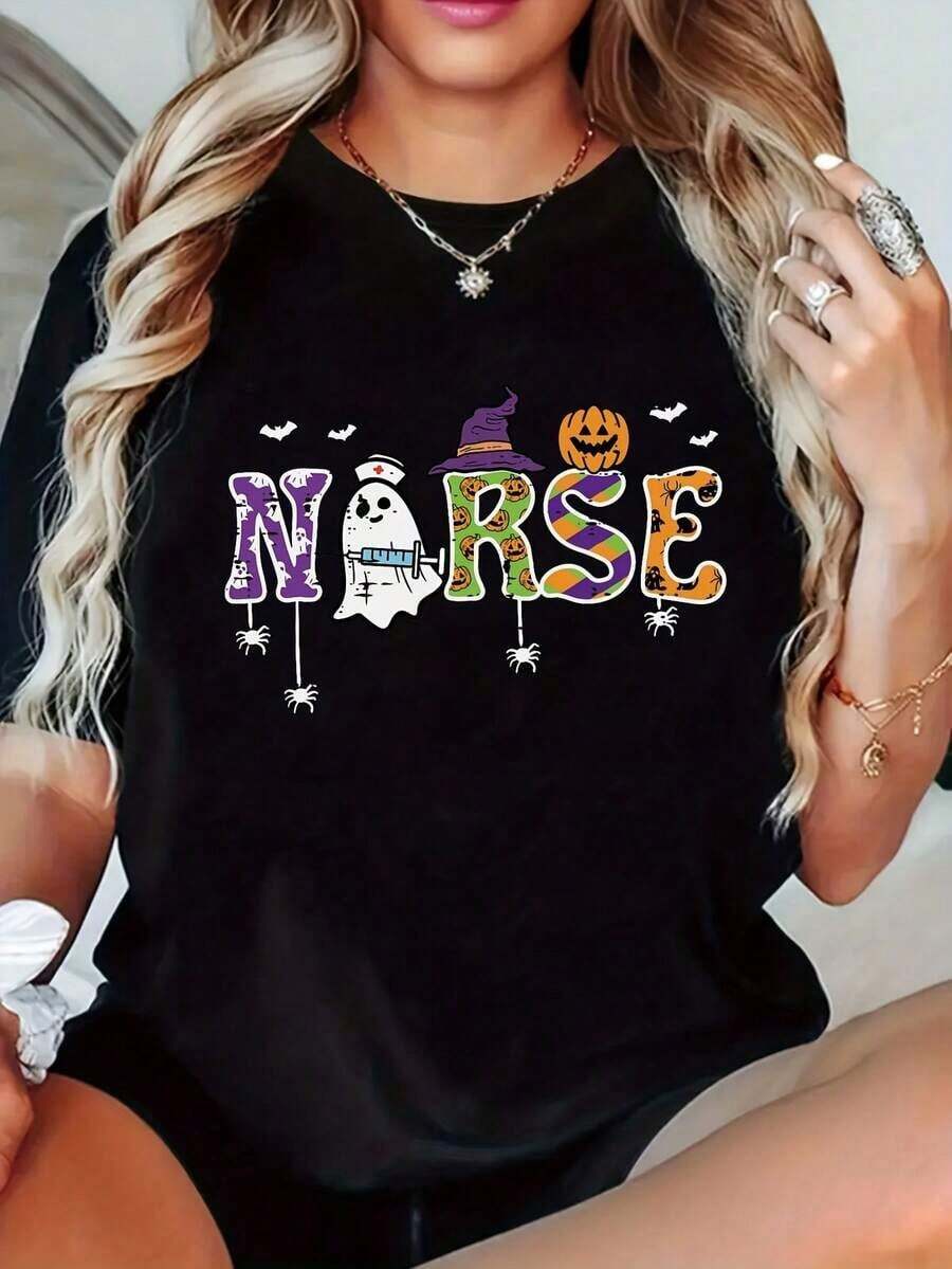 Women's Nurse-Themed Print T-Shirt, Casual, Round Neck, Short Sleeves, Made Of Slightly Stretchy Fabric For Spring And Summer. Suitable As A Gift. Women's T-Shirt. Blouses > Elegant. Boho Chic. Soft, Breathable, And Comfortable Women's Top, Ideal For Spring, Summer, And Fall, Perfect For Vacations, Travel, And Everyday Wear. - Black - View 1