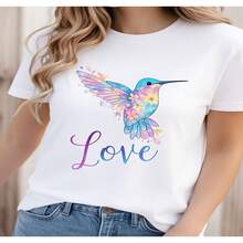 Women's Sexy Casual Cotton Round Neck Short Sleeve Regular T Shirt With Hummingbird Love Print High Stretch Fabric - 白色 - 查看 1