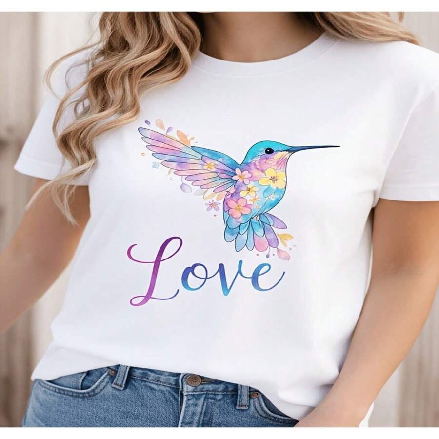 Women's Sexy Casual Cotton Round Neck Short Sleeve Regular T Shirt With Hummingbird Love Print High Stretch Fabric - 白色 - 查看 1