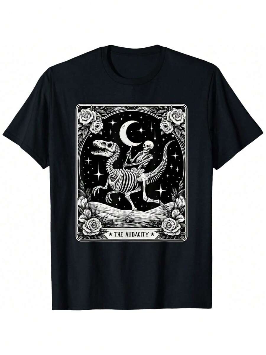 The Audacity Skeleton Riding Dinosaur Tarot Card Halloween T-Shirt - Black - View 1