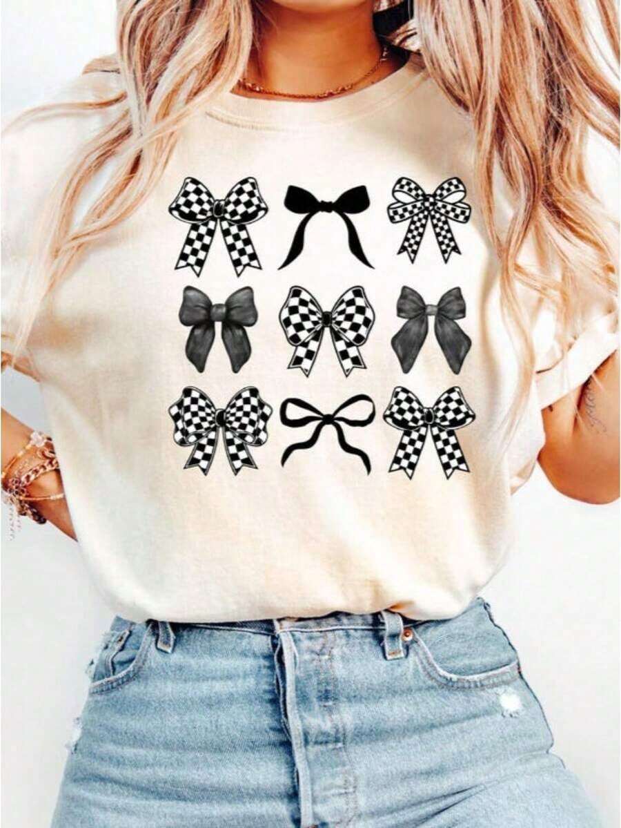 Checkered Bow Tee, Flirty Bow Tee, Bow Tee, Black Bow Tee, Retro Tee, Graphic Tees For Men And Women, Crew Neck, Loose Casual Tees, Women's Tees - 白色 - 查看 1