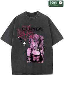 1 Piece Of Washed T-Shirt Of 230g, Cartoon Girl Print, High Quality Batik Cotton, Vintage Style, Printed T-Shirt, With A Certain Thickness Suitable For Summer, Outdoor Activities, Holiday Gift, 180g 100% Cotton. - 黑色 - 查看 6