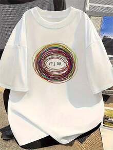 One Women's Crew Neck T-Shirt, European And American Style, For Spring/Summer, Featuring Colorful Hand-Drawn Graffiti Spiral Patterns And The Text "It's OK," In A Relaxed Style. It Makes A Great Gift For Holidays Or Birthdays-Fashionable, Casual, Versatile, And Comfortable. Recommended For Everyday Wear, Simple And Stylish, Suitable For The Daily Outfits Of Women And Young Girls. 180g 100% Cotton. - 白色 - 查看 7