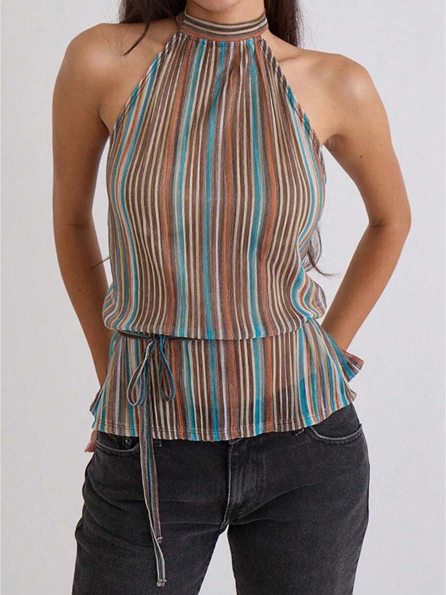 Women's Halter Neck Tank Top Sleeveless Open Back Ruched Cami Top Y2K Ruffle Hem Peplum Shirts With Tie Waist - Multicolor - View 1