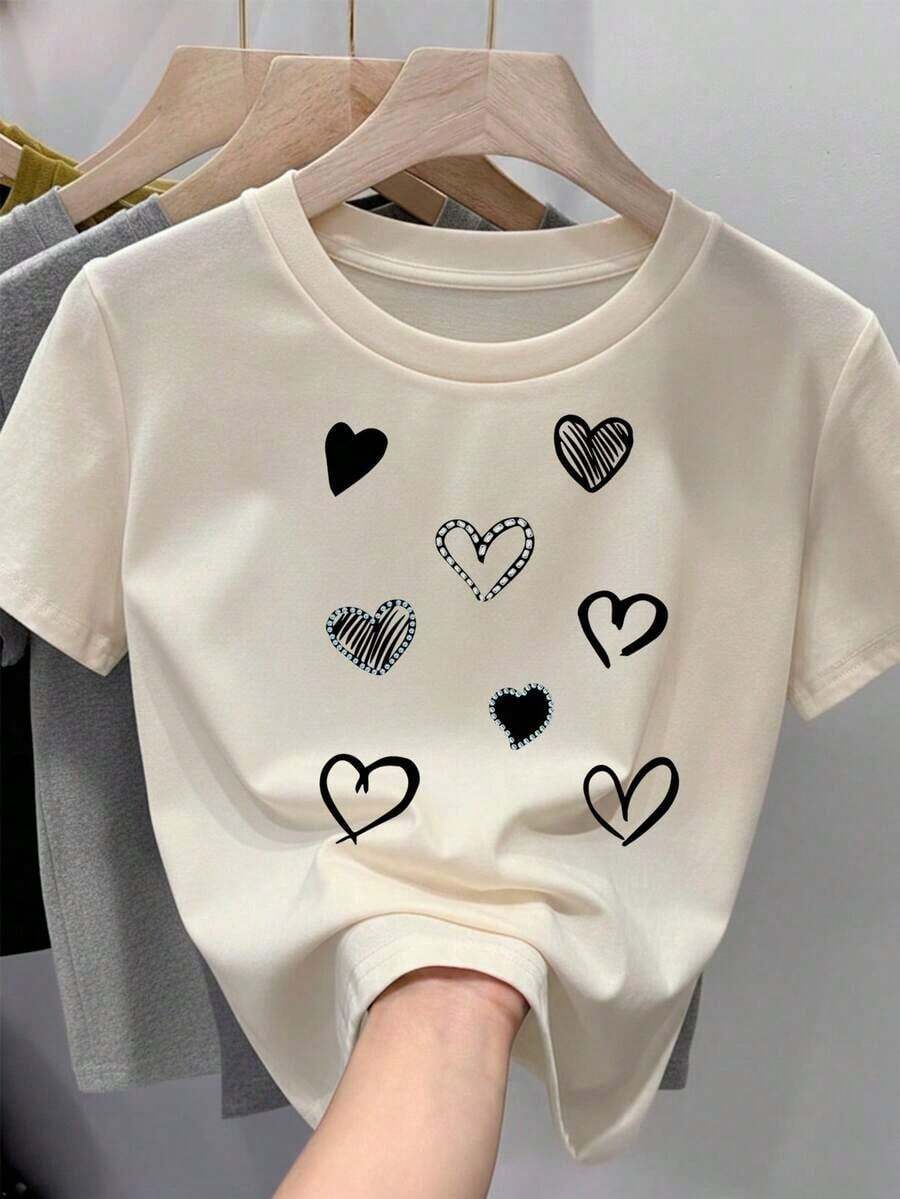 Women's 100% Cotton T-Shirt, Soft And Comfortable, Short Sleeve, Crew Neck, With A Heart Print In Different Textures. Valentine's Day, February 14th - Vintage Street Style Unisex Cotton Short Sleeve Crew Neck T-Shirt - 杏色 - 查看 1