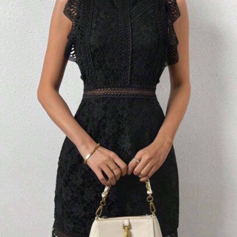 Lunessa Guipure Lace Overlay Mock Neck Scallop Trim Dress - Negro - Ver 1