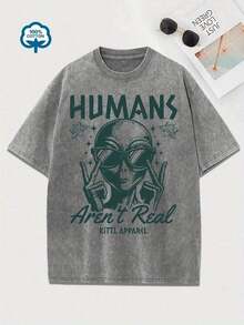 Women's T-Shirt With Retro Alien Glasses Print - Fun Astronaut Design With The Phrase "Humans Are Not Real", Short Sleeve, Casual Summer Top, Distressed Green Finish, Casual Wear, Perfect Gift For Science Fiction Fans, Medium Stretch Fabric - 灰色 - 查看 1