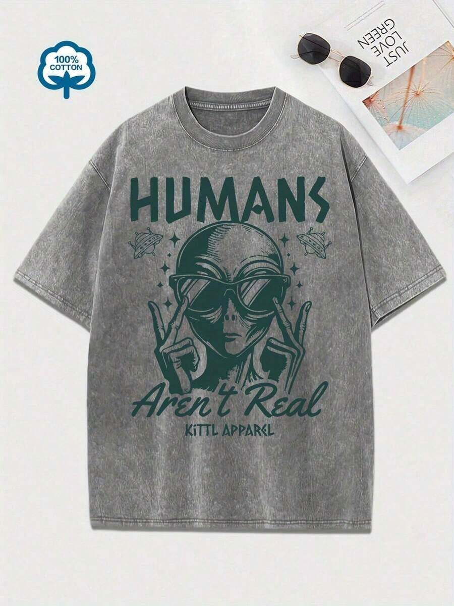 Women's T-Shirt With Retro Alien Glasses Print - Fun Astronaut Design With The Phrase "Humans Are Not Real", Short Sleeve, Casual Summer Top, Distressed Green Finish, Casual Wear, Perfect Gift For Science Fiction Fans, Medium Stretch Fabric - 灰色 - 查看 1