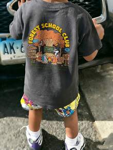 1 pieza Camiseta de manga corta casual de cuello redondo con estampado de animales del bosque para niños "Forest School Club" - Gris Oscuro - Ver 1