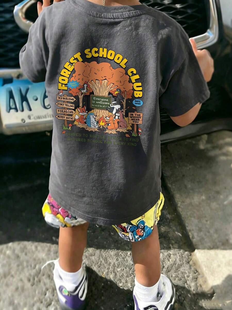 1 pieza Camiseta de manga corta casual de cuello redondo con estampado de animales del bosque para niños "Forest School Club" - Gris Oscuro - Ver 1