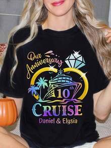 Women's Cruise Anniversary T-Shirt With Custom 10th Cruise Anniversary Design, Including A Ship, Palm Trees, Diamonds And The Names Daniel And Elysia Printed On A Soft And Comfortable Fabric, Crew Neck And Short Sleeve. - 黑色 - 查看 1