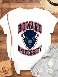 Women's Cotton T-Shirts With The Howard University Bison Logo, Varsity Wear For Men, Women And Unisex, Perfect Casual Wear For Graduation Events, Campus Events And School Pride, Basic Blouses For Women. - 白色 - 查看 3