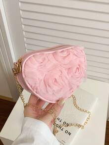 Bolso con forma de corazón de flor de encaje 3D, bolso de hombro y bandolera multifuncional dulce y único con cadena - Rosa - Ver 13