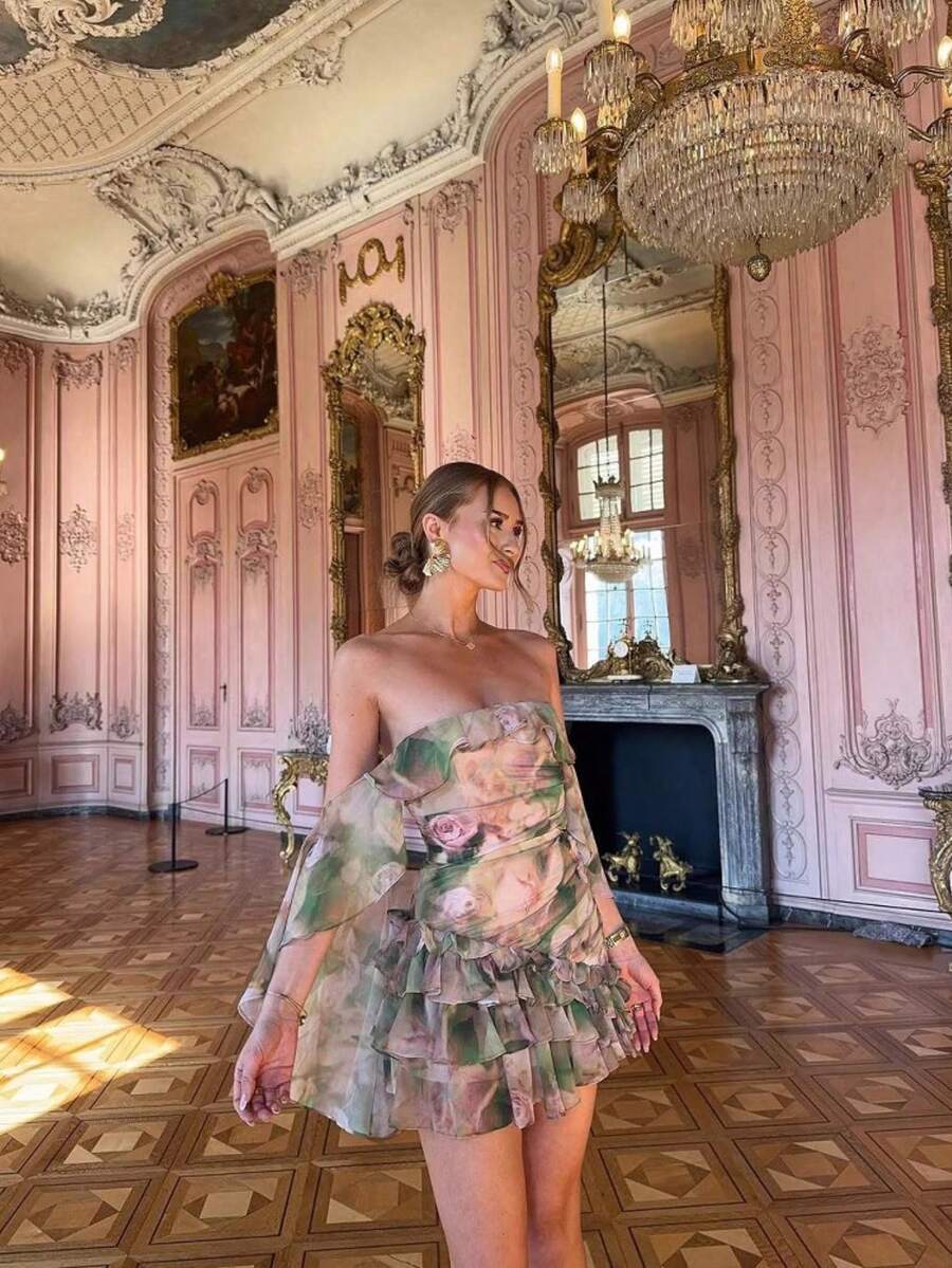 Vestido Gasa Estampado Cuello Envolvente Volante Diseño Exclusivo - Celeste - Ver 1