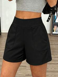 Plus Size Women's Casual Loose Drawstring Waist Shorts, Solid Color Minimalist Design, With 2 Side Pockets, Wear & Workout, Spring/Summer Sports - Black - View 2