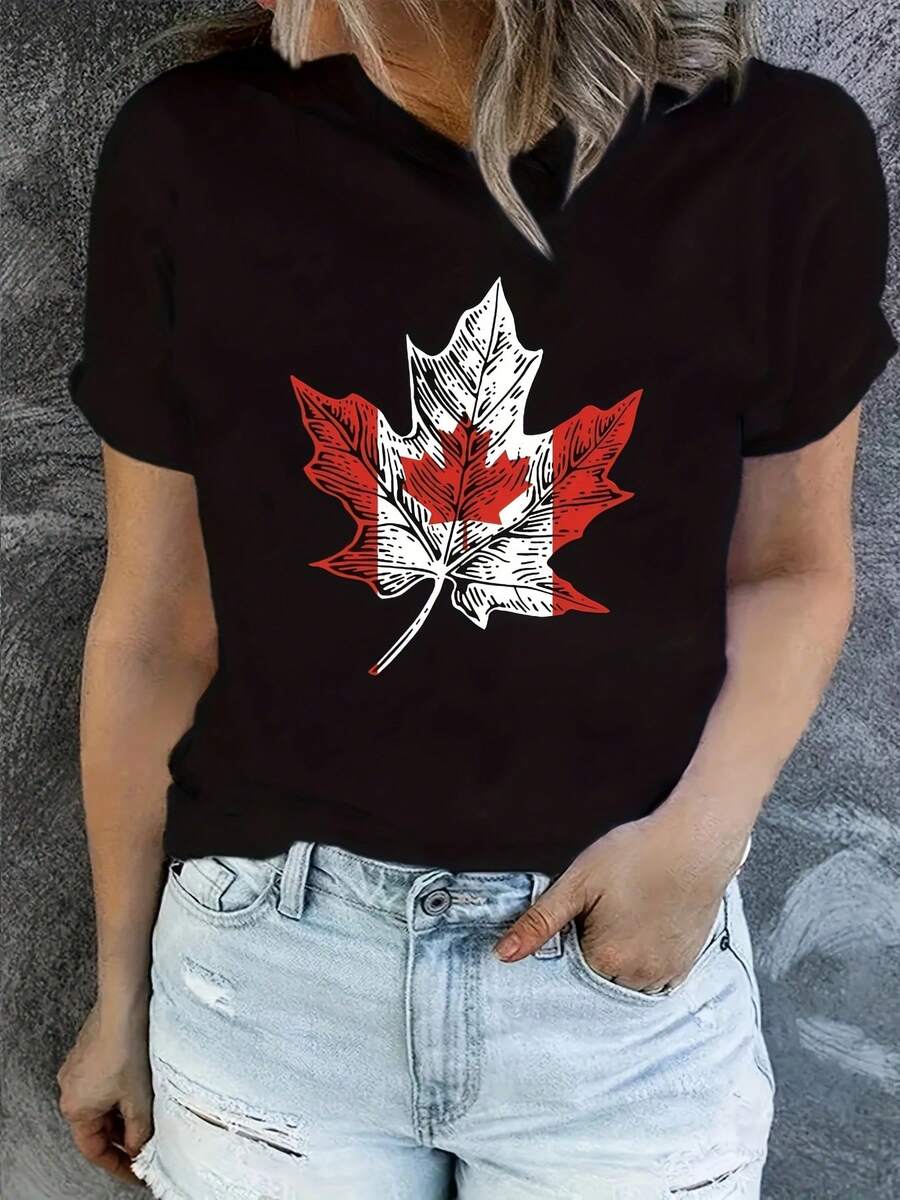 Women's Casual T-Shirt. A Modern And Fashionable T-Shirt With A Creative Design Featuring Queen Victoria And The Canadian Flag, A Must-Have For Everyday Casual Wear. - 黑色 - 查看 1