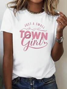 Small Town Harajuku Women's Comfortable Fit T-Shirt, Short Sleeve T-Shirt, Streetwear, Tops, Aesthetic T-Shirts, Vintage Urban Style, Unisex, Loose Cotton Short Sleeve Crew Neck T-Shirt - 白色 - 查看 1