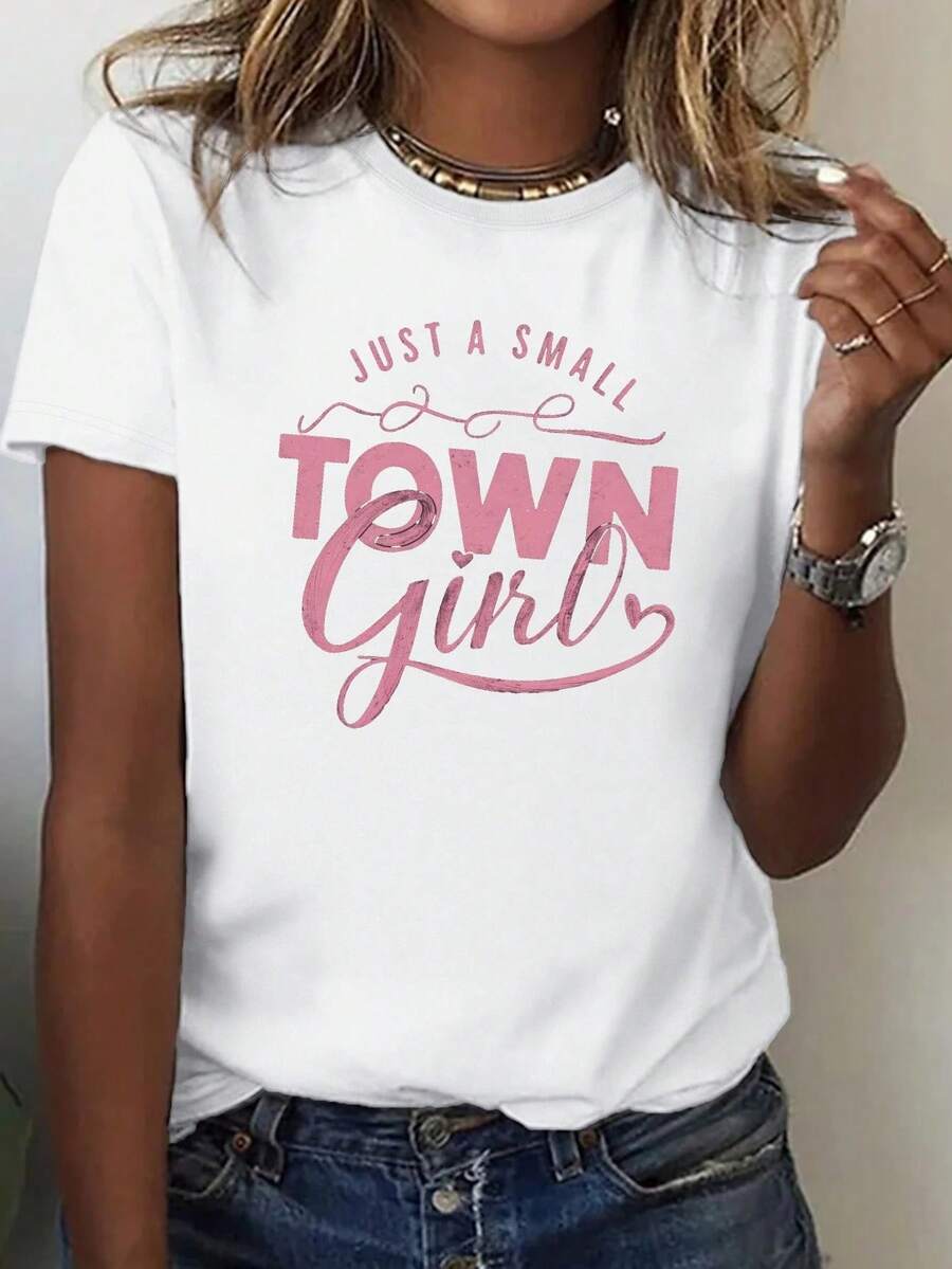 Small Town Harajuku Women's Comfortable Fit T-Shirt, Short Sleeve T-Shirt, Streetwear, Tops, Aesthetic T-Shirts, Vintage Urban Style, Unisex, Loose Cotton Short Sleeve Crew Neck T-Shirt - 白色 - 查看 1