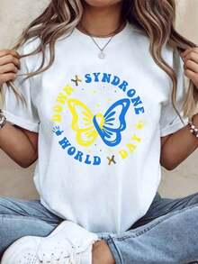 Butterfly Awareness T-Shirt For World Down Day For Women And Men, Unisex Casual Wear, Gift For Special Needs Advocacy Events, 220g - Vintage Urban Style, Unisex Loose Fit Pure Cotton Short Sleeve Crew Neck T-Shirt, 100% Pure Cotton. - 白色 - 查看 7