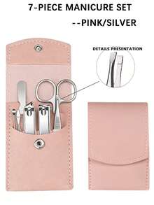7pcs Portable Nail Clipper Set, High Quality Stainless Steel Ultra Sharp Durable Curved Edge Scissors For Trimming Finger & Toenails, Includes Nail File (Pink & Silver Set) - Multicolor - View 7