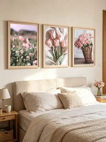 三幅粉色花卉墙画，优雅郁金香绘画海报，樱花装饰画，植物墙画，夏季装饰品，客厅墙面装饰，无框 - 花 - 查看 1