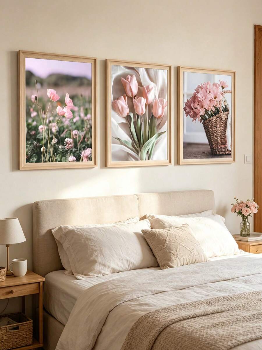 三幅粉色花卉墙画,优雅郁金香绘画海报,樱花装饰画,植物墙画,夏季装饰品,客厅墙面装饰,无框 - 花 - 查看 1