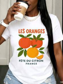 Women's Casual T-Shirt With Citrus Print "Les Oranges Fete Du Citron" France, French Inspired Design, Orange And Lemon Print, Casual Summer Top, Fashion - 白色 - 查看 1