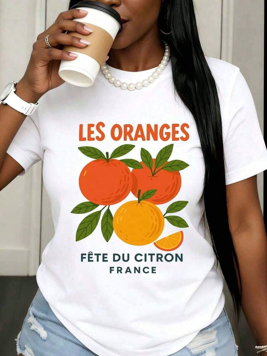 Women's Casual T-Shirt With Citrus Print "Les Oranges Fete Du Citron" France, French Inspired Design, Orange And Lemon Print, Casual Summer Top, Fashion - 白色 - 查看 1